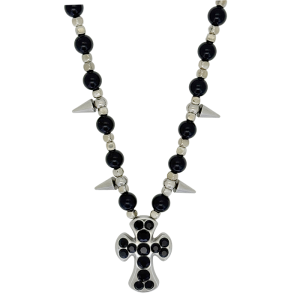Silver Spikes – Black Round Beads  / Jet Cross